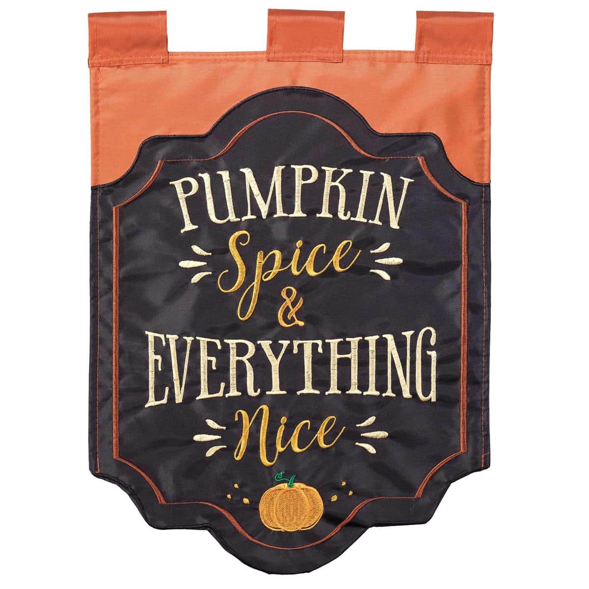 13x18 Pumpkin Spice Everything double-applique garden flag showing layered pumpkin applique, autumn leaves, and textured fabric for seasonal outdoor decor.