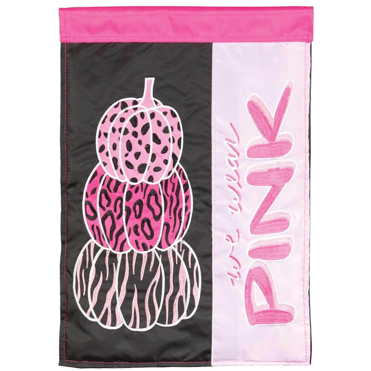 Double applique garden flag with a stack of pumpkins and a pink awareness message reading 'We Wear Pink', 13 x 18 inches, displayed on a yard stand.