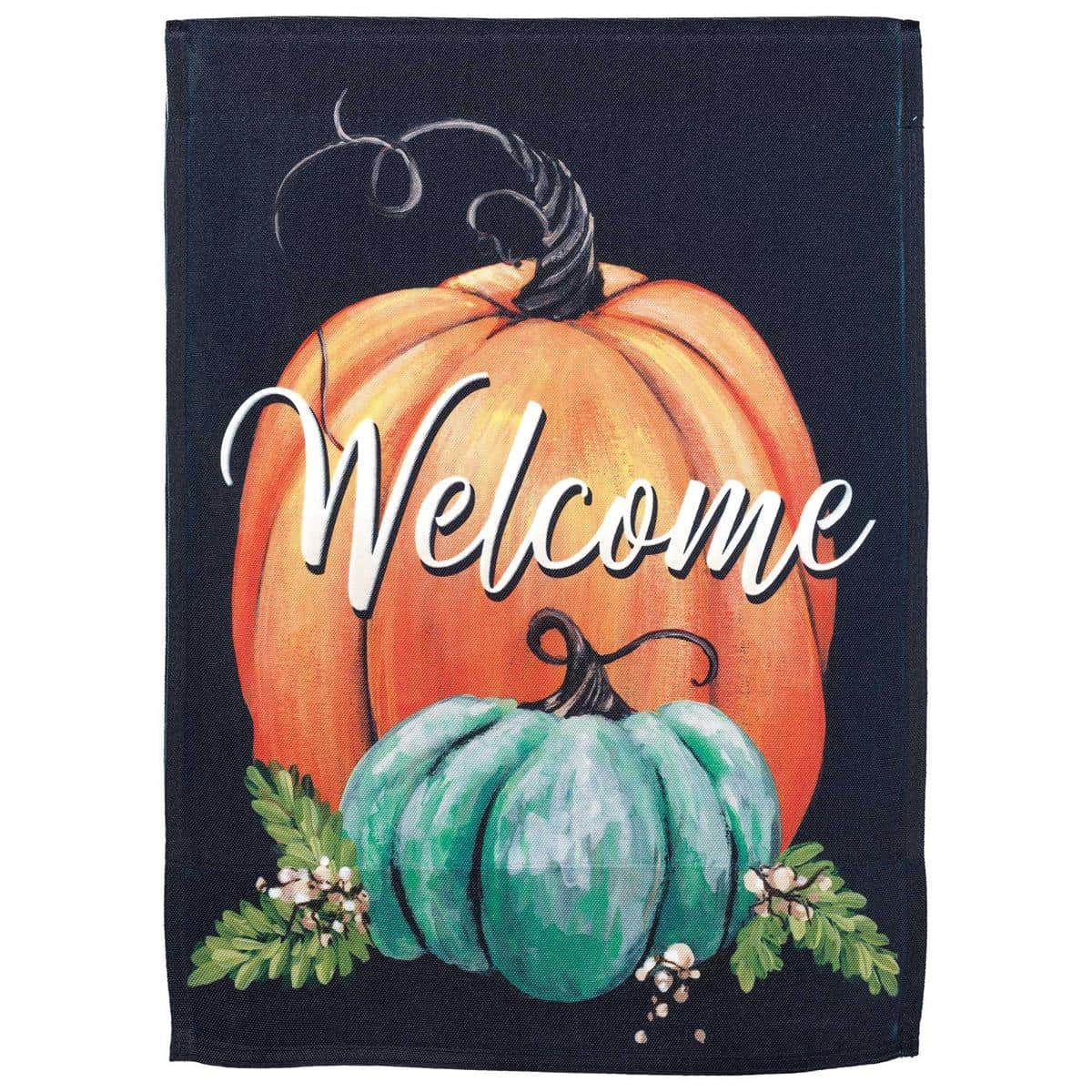 13x18 Pumpkin Talloberry printed garden flag showing an orange pumpkin with tall berries and fall foliage designed for porch, lawn, or garden stake display.