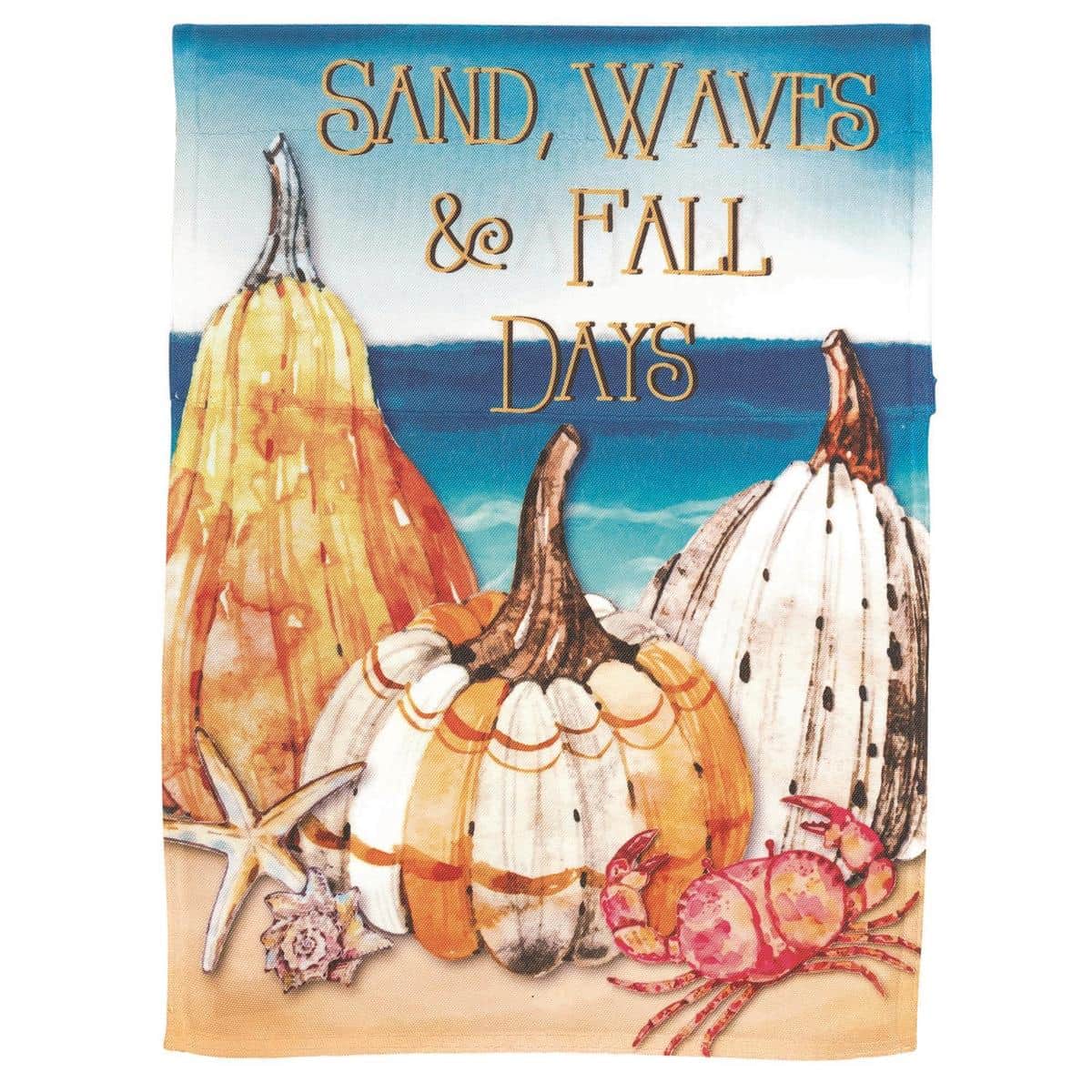 13x18 printed garden flag showing stacked pumpkins over sand wave stripes with Fall Days text in warm orange, beige, and neutral tones suited for porch or garden display