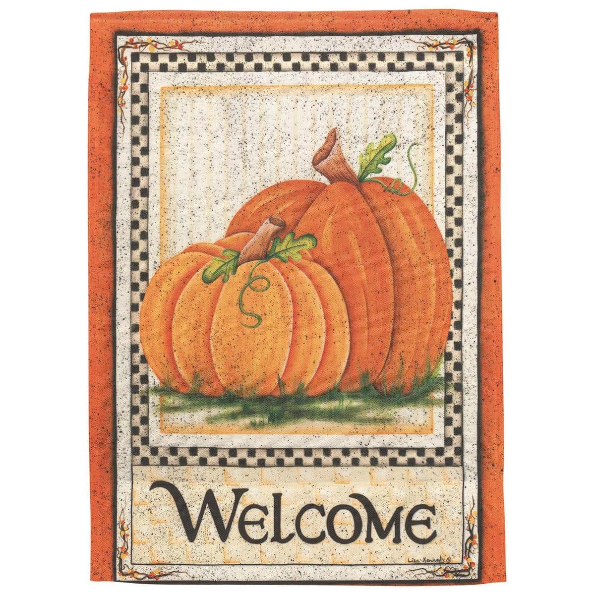 Rustic fall pumpkins and bordered welcome design printed on a 13x18 inch garden flag, showing warm orange pumpkins, fall leaves, and a framed welcome message ideal for porches and gardens.
