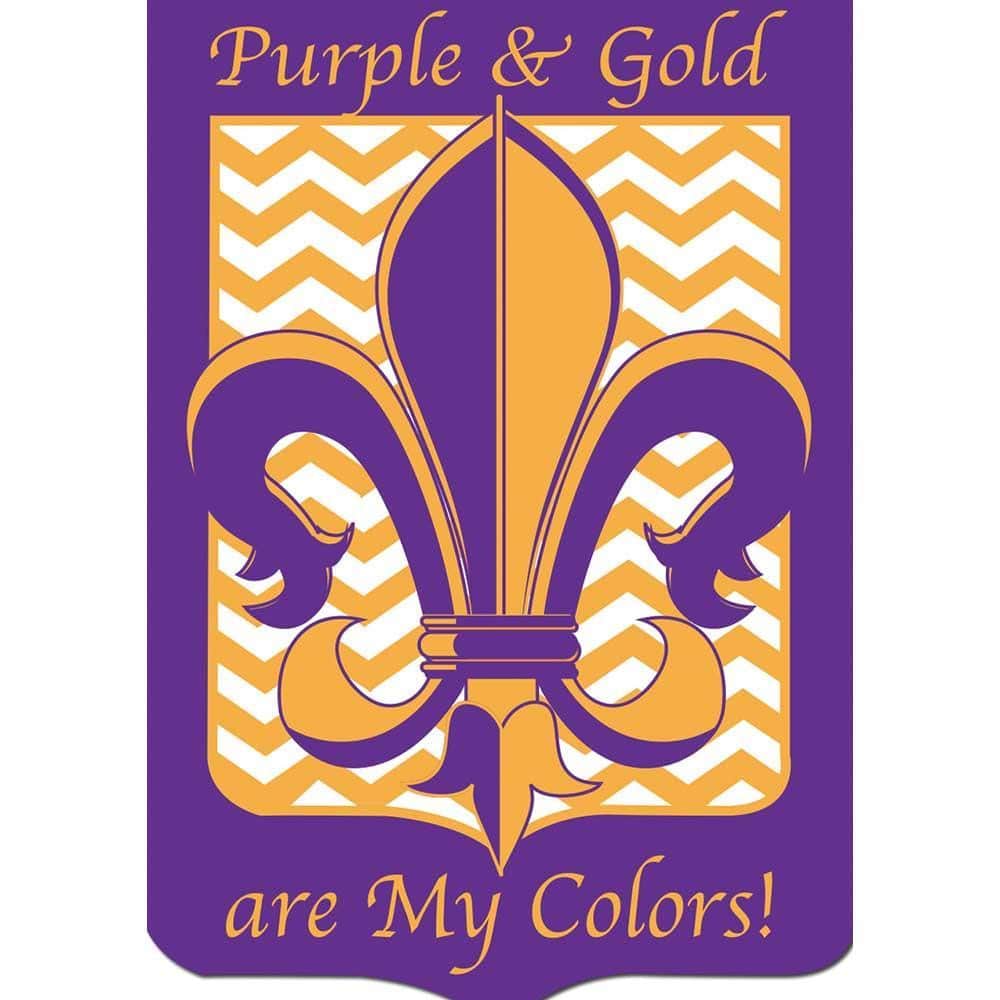 Purple and gold double applique fleur de lis 29x42 house banner flag, two sided design on weather resistant fabric with top pole sleeve shown on porch.