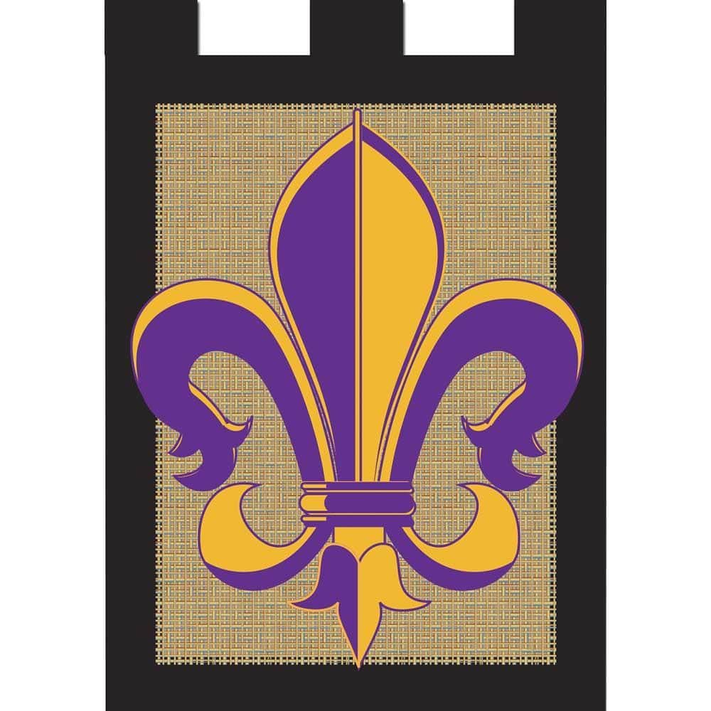 Purple and gold burlap banner flag 29x42 with textured double applique displayed on a front porch.