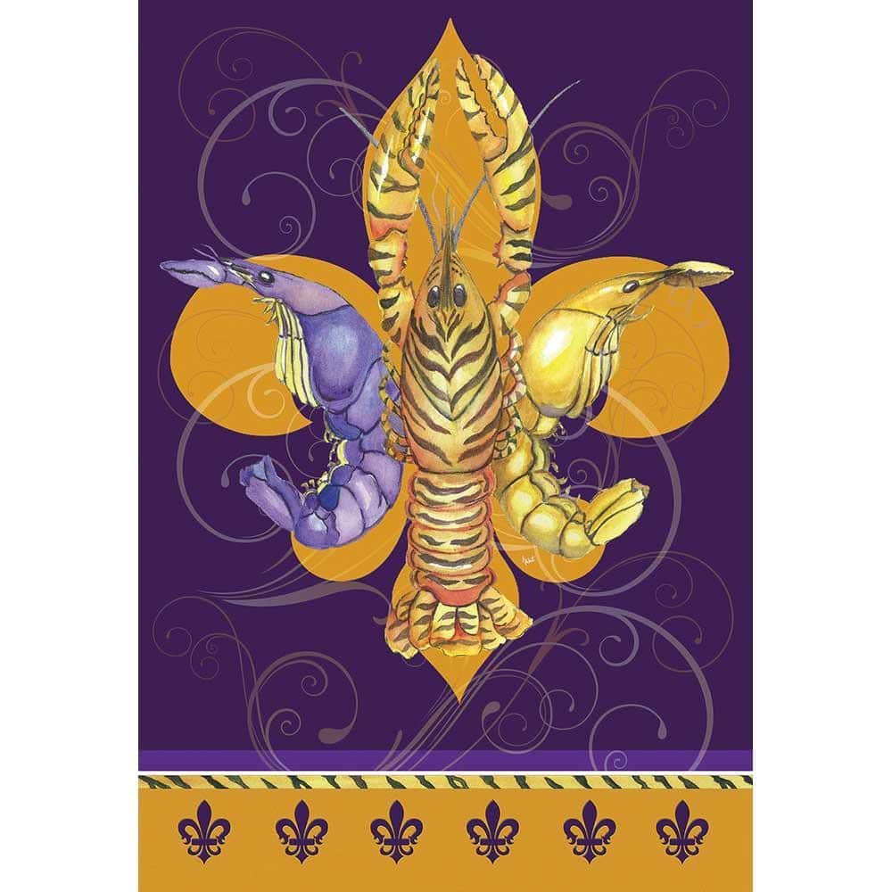 13x18 purple and gold crawfish garden flag with Fleur de Lis print for outdoor Southern and Mardi Gras decor.