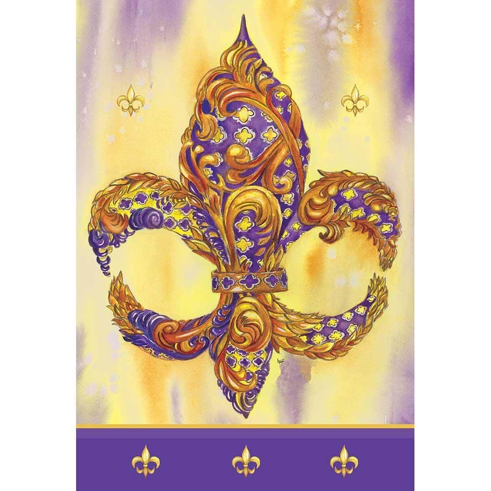 Purple and gold fleur-de-lis printed banner flag 30x44 inches displayed on a porch pole, showing bold heraldic lily motif in rich purple and metallic gold tones for outdoor decor.