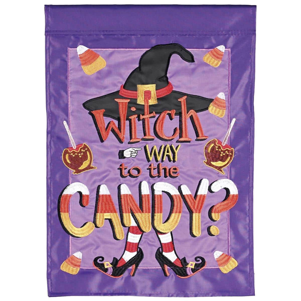 Purple Halloween garden flag with double applique witch graphic pointing arrow and the words 'Way To The Candy' in bold text, ideal for porch or yard display during Halloween.