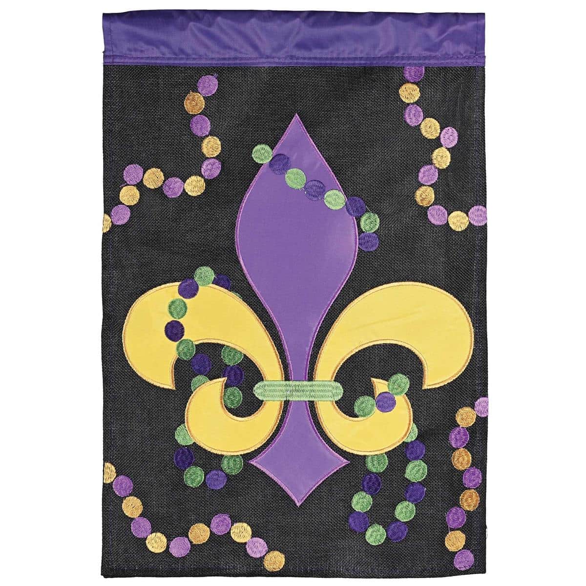 Close-up of Purple Yellow Fleur De Beads double applique flag showing purple and yellow fleur-de-lis, bead accents, stitched edges, and outdoor fabric texture.