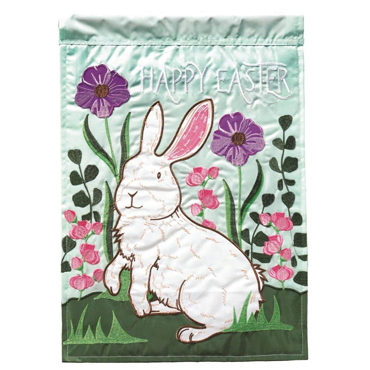 29x42 Rabbit Happy Easter banner flag featuring a smiling rabbit, colorful eggs, layered applique textures, and bold 'Happy Easter' lettering, ideal for porch or garden seasonal display.