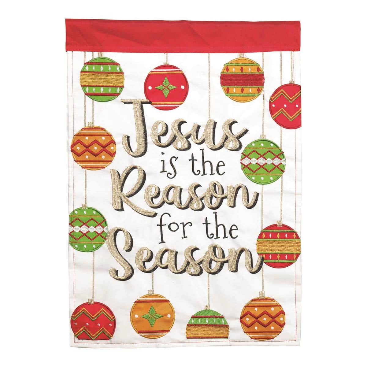 Double applique Reason For The Season 13x18 Christmas garden flag with reverent nativity art and star, dual sided, hanging on a black metal garden stand.