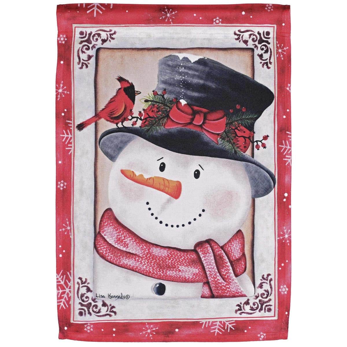 Printed winter garden flag showing a cheerful snowman with a bright red bird perched nearby as gentle snow flurries fall around them, ideal for porch or yard display.