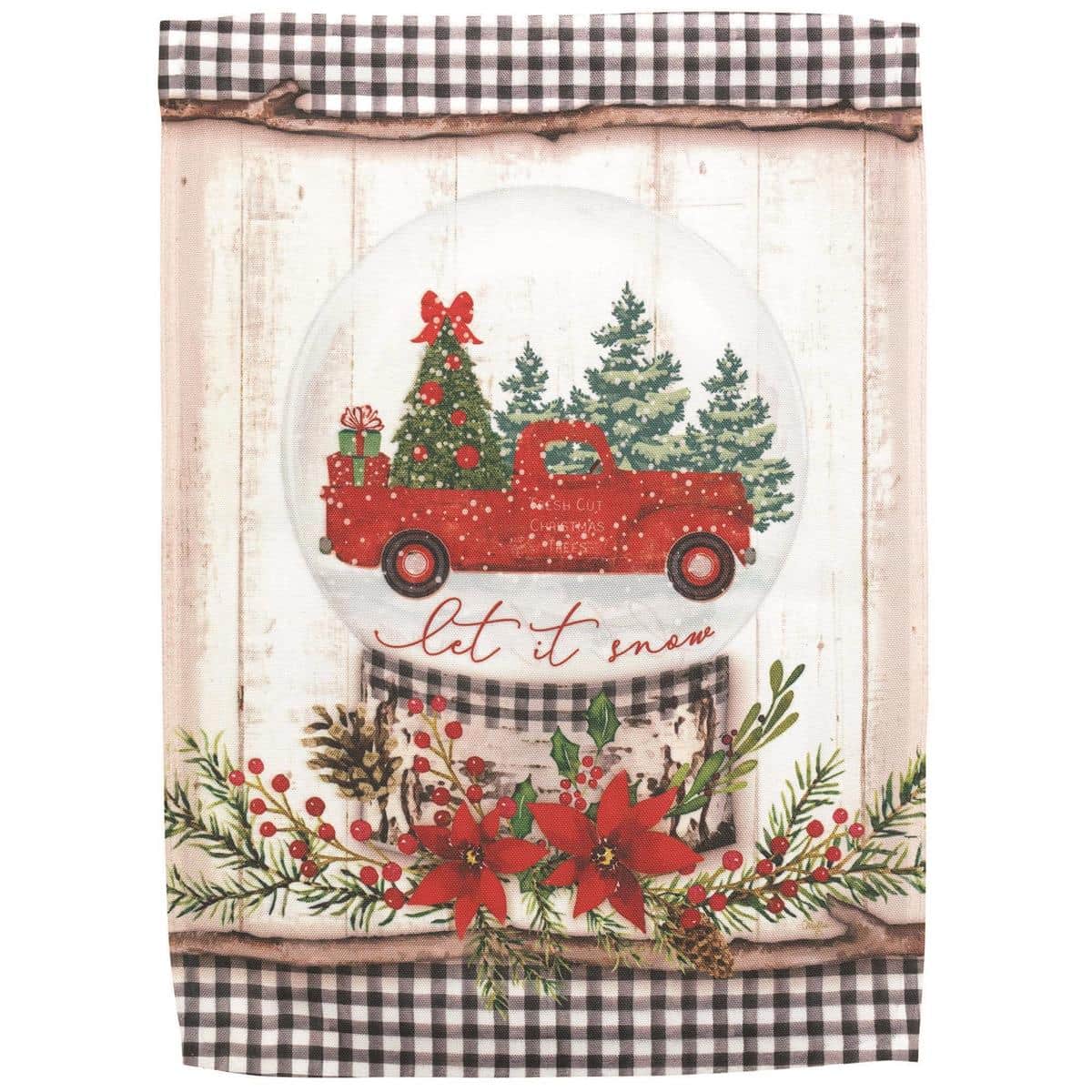 13x18 garden flag featuring a vintage red truck inside a snowglobe print, evergreen trees and falling snow, ideal for porch pole display, printed outdoor holiday accent.