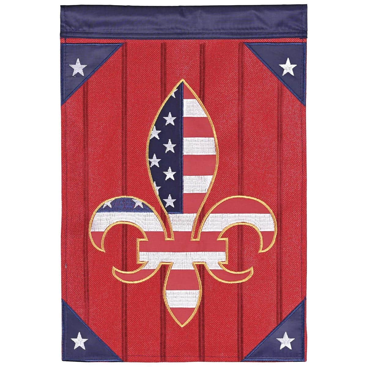 Patriotic double applique house flag with red, white, and blue fleur-de-lis, two sided readability, textured layers, hanging outdoors on a pole sleeve by a front door.