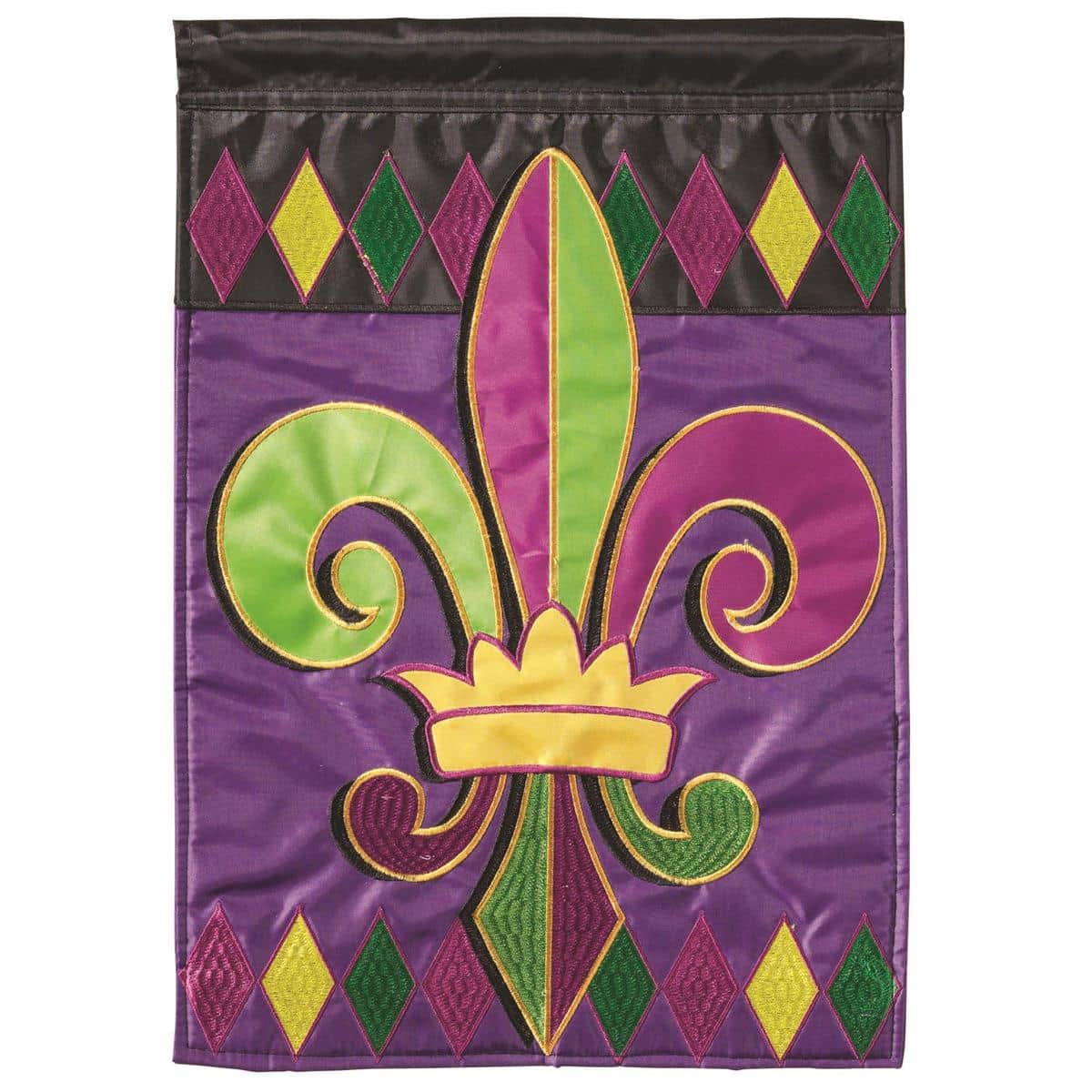 Close-up photo of a Regal Fleur-De-Lis double applique banner flag in Mardi Gras purple, gold, and green on 29x42 outdoor fabric showing detailed stitching and layered fleur-de-lis motif.