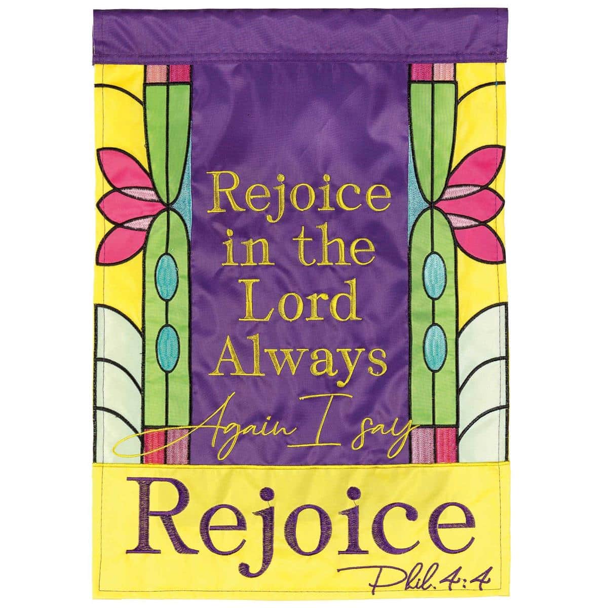 13x18 Rejoice Philippians 4:4 garden flag double applique inspirational scripture design on durable polyester, shown on a black iron garden stake in a flower bed.