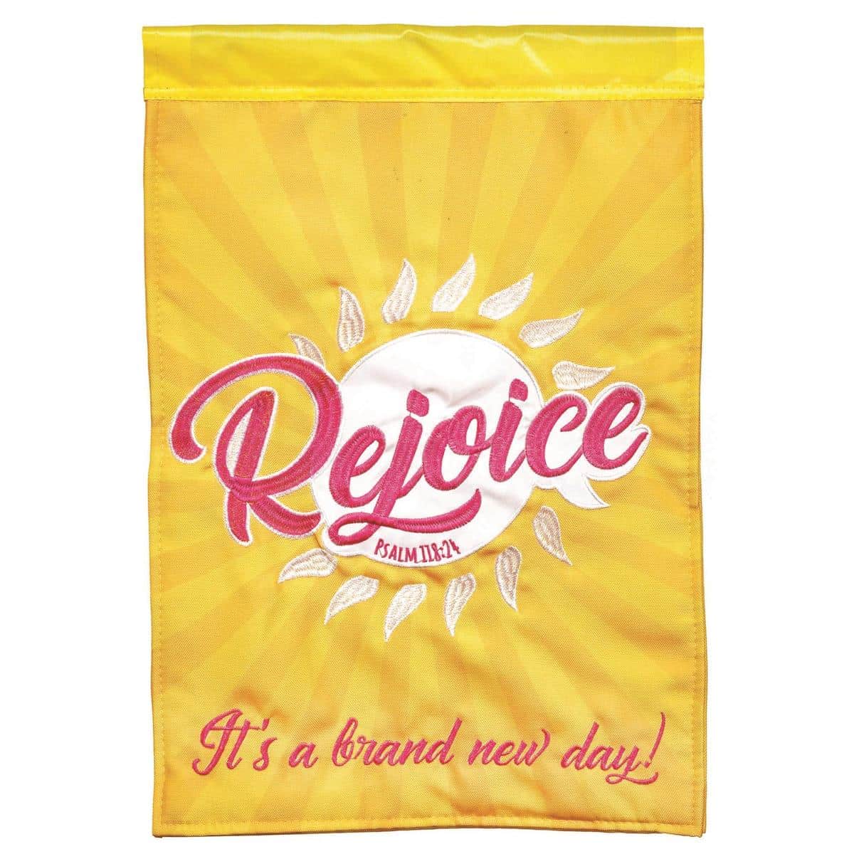 13x18 Rejoice Psalm 118:24 garden flag showing double-applique scripture in elegant script with floral accents on textured fabric, displayed on a black garden pole against green landscaping.