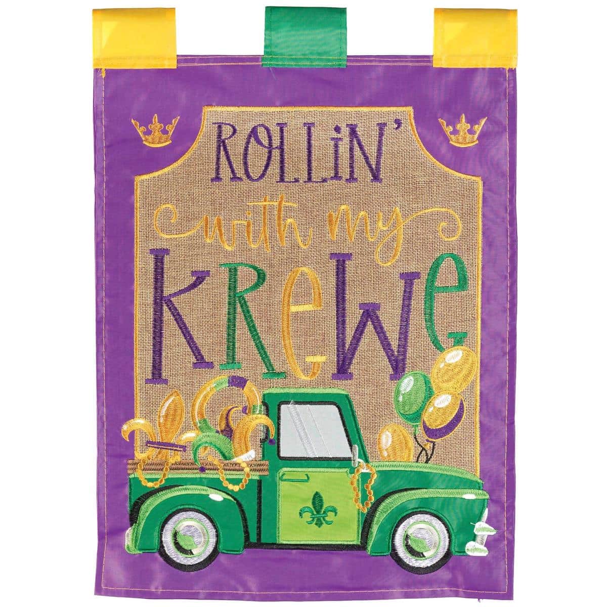 Rollin With My Krewe Truck garden flag, 13x18 double applique, purple green gold Mardi Gras truck with beads and masks, readable both sides, outdoor yard decor