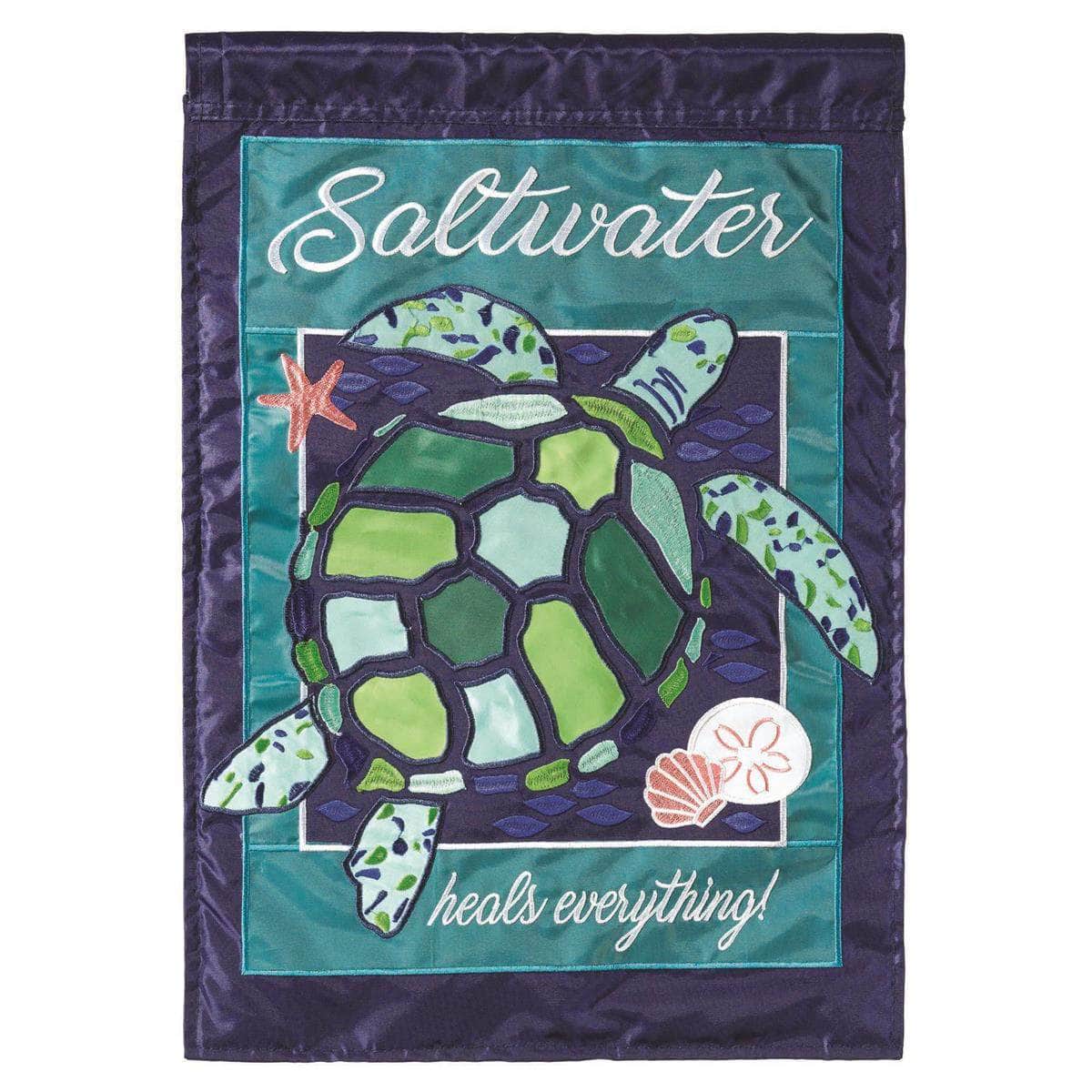 Saltwater Heals Everything Garden Flag with double-thickness design, intricate applique stitching, and durable nylon construction for coastal outdoor décor.