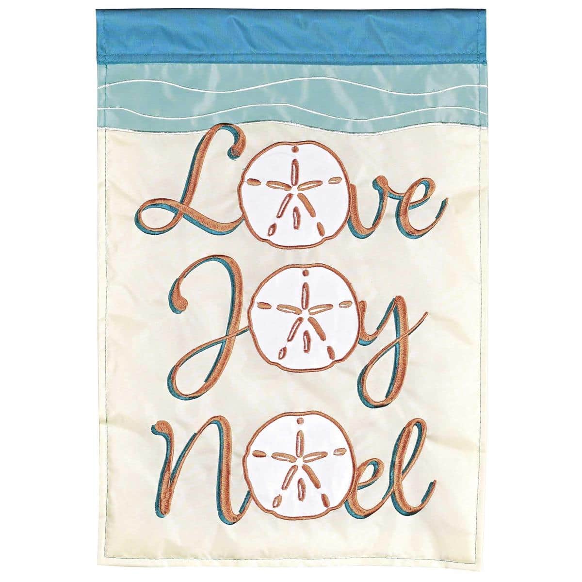 Sand Dollar Love Joy Noel coastal Christmas double applique flag with sand dollar icons and festive lettering, two sided design hanging on a porch pole in winter light.