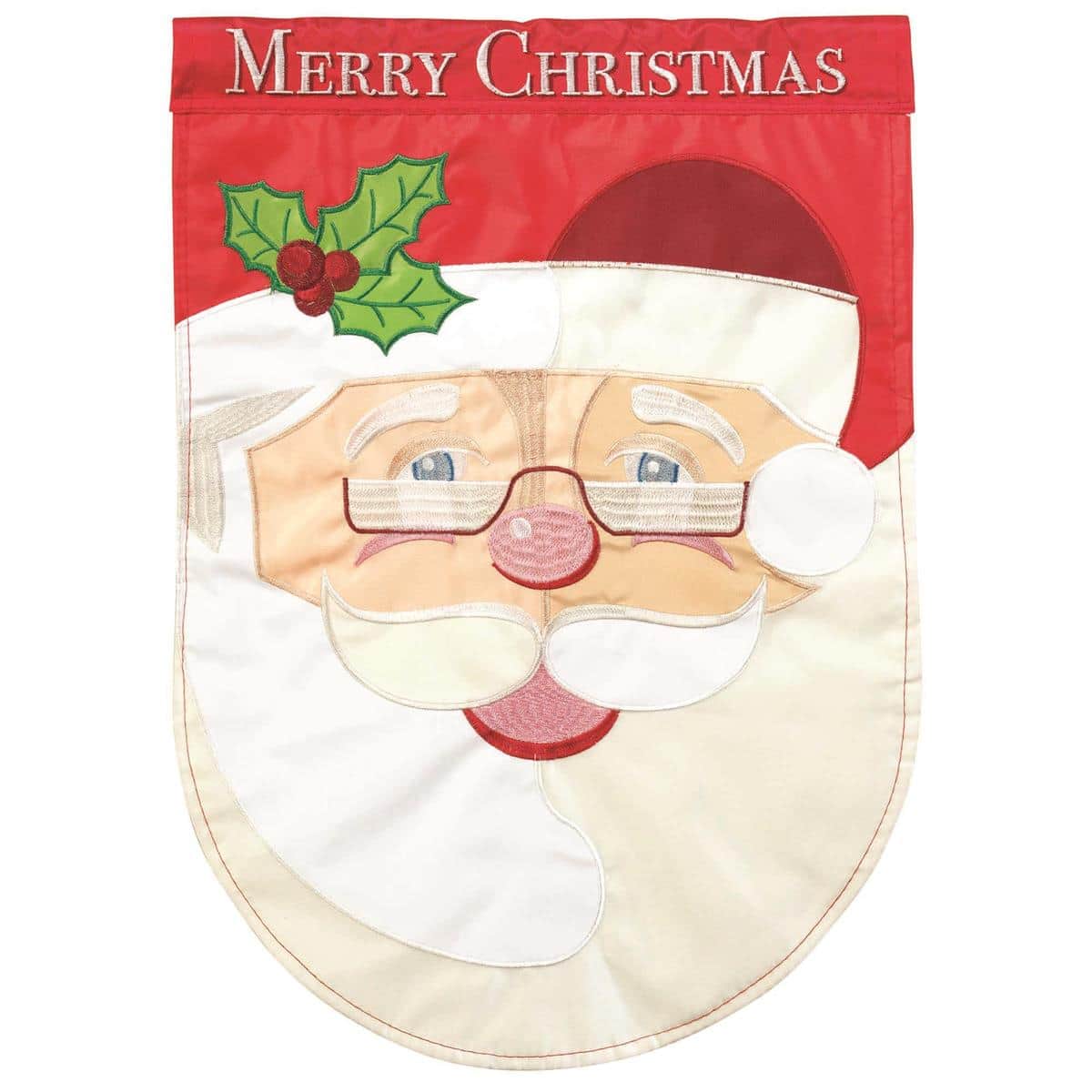 13x18 Double Applique garden flag showing Santa in traditional red suit carrying gifts and greenery, bright seasonal colors with layered applique detail for front porch or lawn decor.