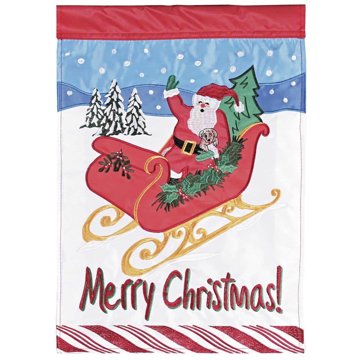 Red and white Santa in sleigh with reindeer double applique outdoor Christmas flag on pole, festive holiday yard decoration.
