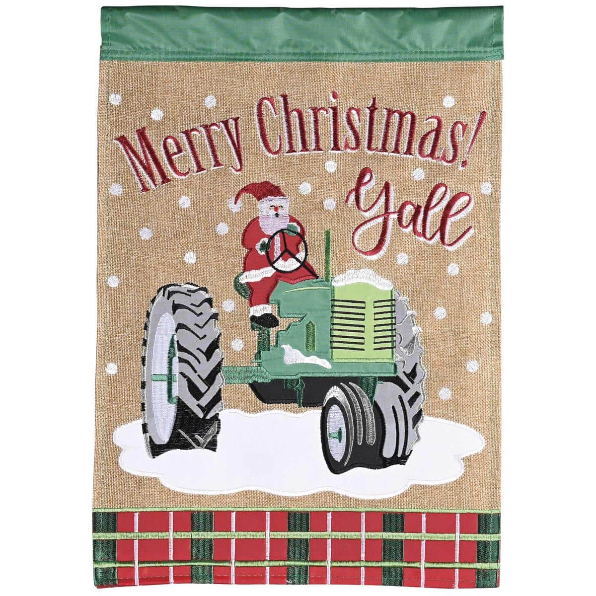 13x18 Santa Merry Christmas YAll garden flag double applique showing jolly Santa with holly and scripted greeting in red and green holiday colors for lawn or porch display.