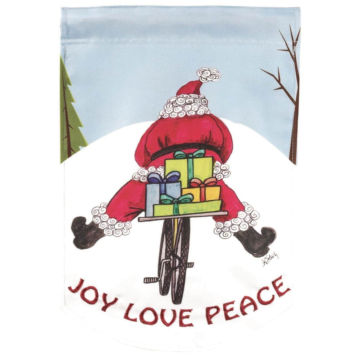 Santa on a bicycle Christmas garden flag, 13x18 inches, layered applique and embroidered details, gifts in basket, reinforced top sleeve on a garden flag stand