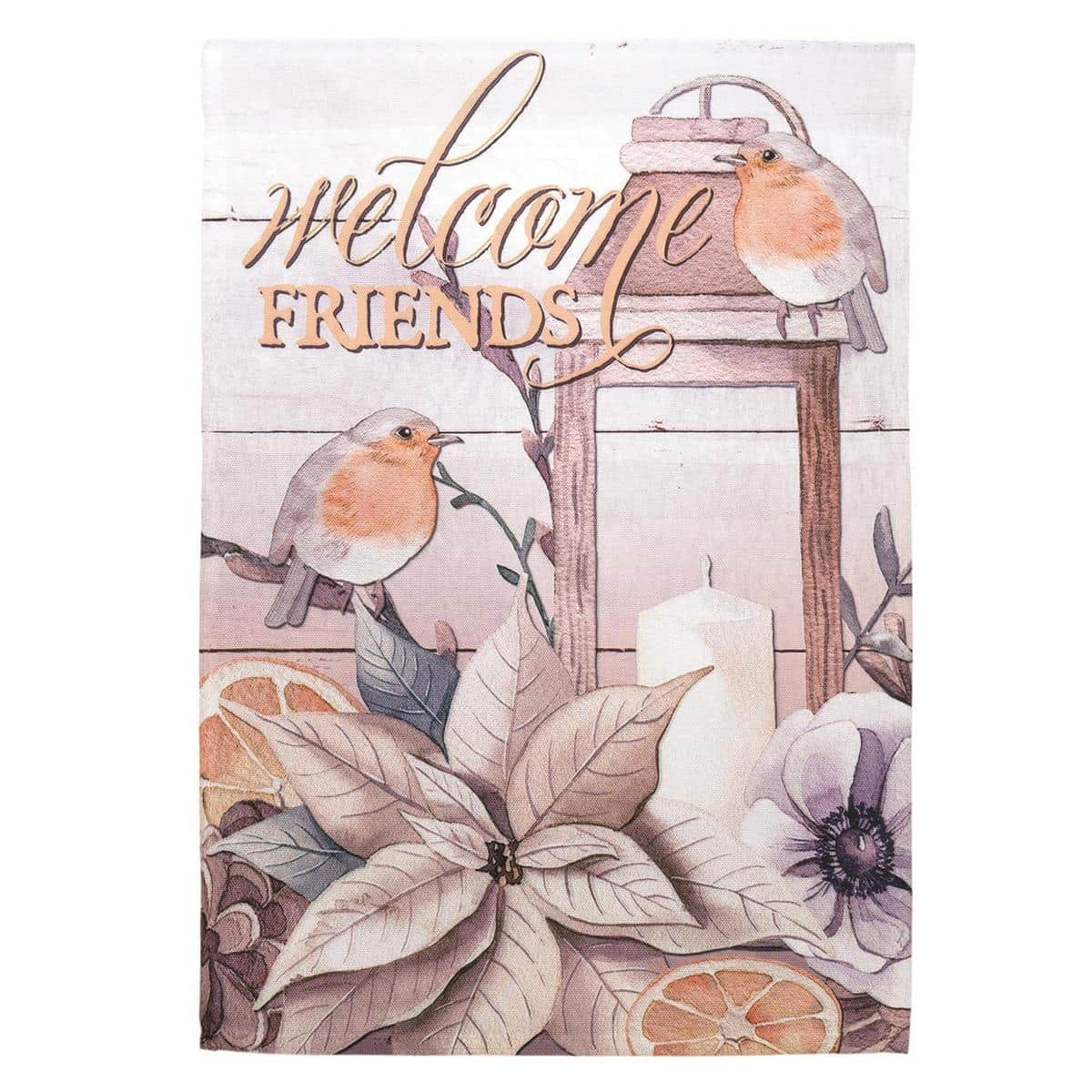 Garden flag 13x18 featuring Santa with birds and a 'Welcome Friends' message in festive Christmas colors, printed on weather resistant fabric for outdoor porch and yard decoration.