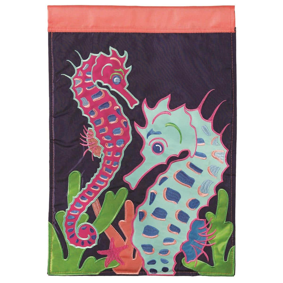 Coastal seahorse garden flag on a stand, 13x18 double applique seahorse with shells and seaweed in blue and teal tones, designed for porch, patio, or beach house display.