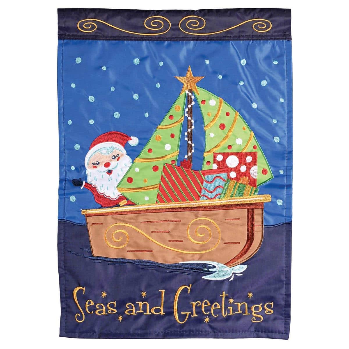13x18 Seas and Greetings Sailboat garden flag with double applique sailboat and holiday accents on blue background for porch display.