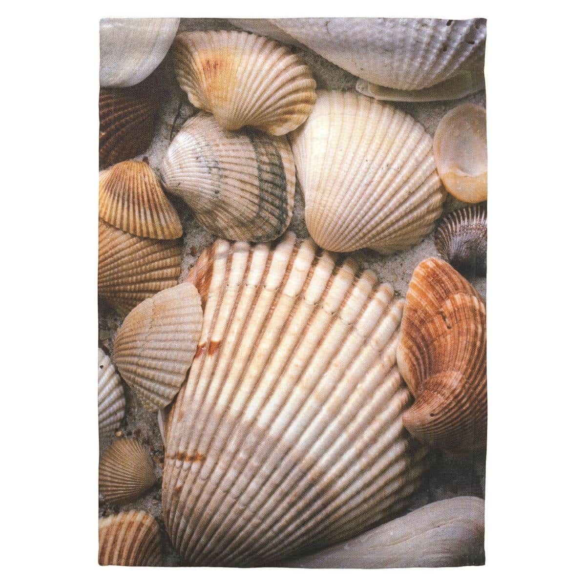 30x44 Seashells Banner Flag showing assorted seashells, starfish, and sand pattern in soft coastal hues printed on outdoor banner fabric for porch pole display.