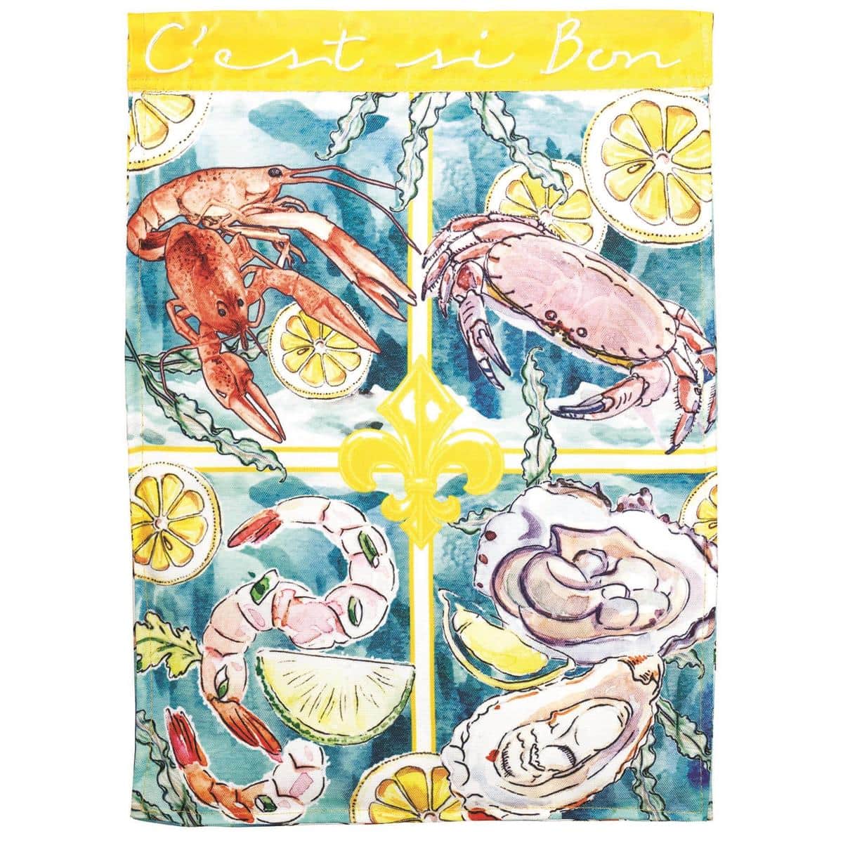 Seasons Of Seafood garden flag 13x18 displaying layered applique crabs, lobster, shrimp, shells and citrus accents in coastal colors on durable weather resistant fabric for porch or dock.