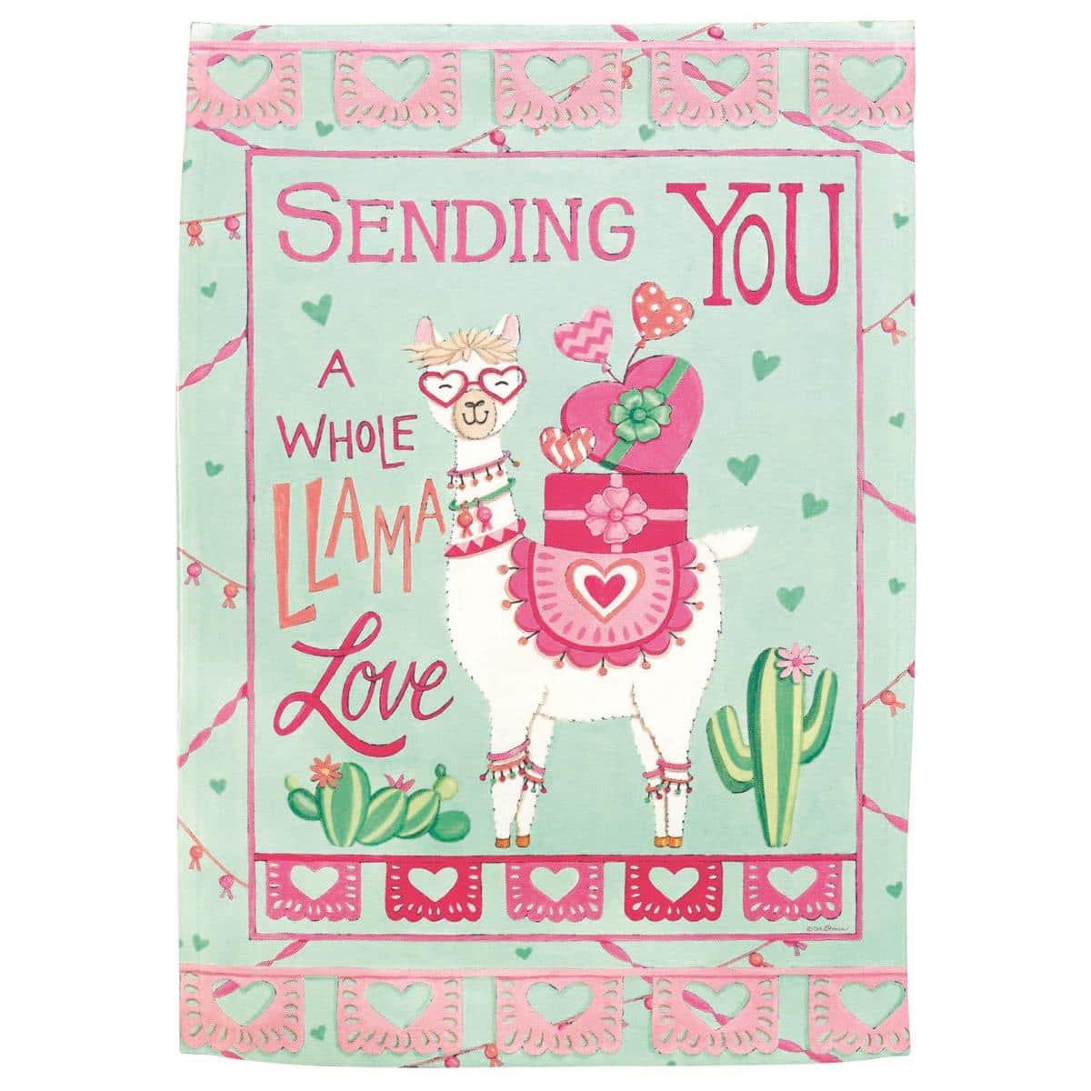 13x18 printed garden flag showing a whimsical llama holding hearts with the phrase Sending You A Whole Llama in bright Valentine's colors on durable fabric for outdoor display.