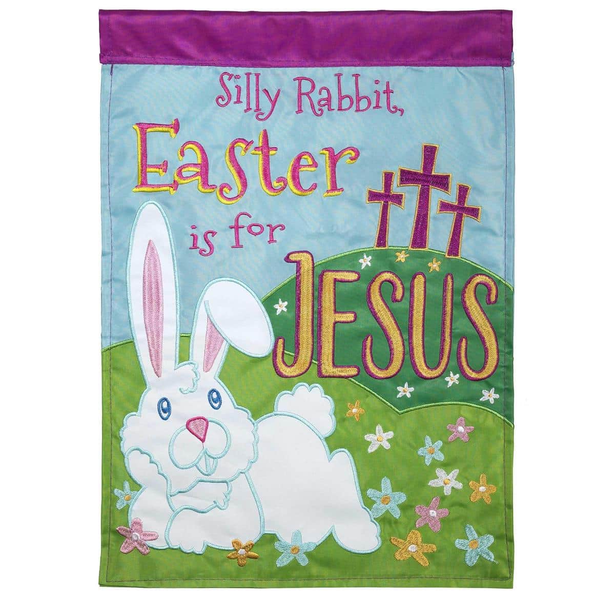 Silly Rabbit 13x18 garden flag with double applique Easter rabbit, colorful eggs and spring motifs displayed on a porch flag pole; vibrant colors and layered fabric details for outdoor seasonal decoration and gift giving.