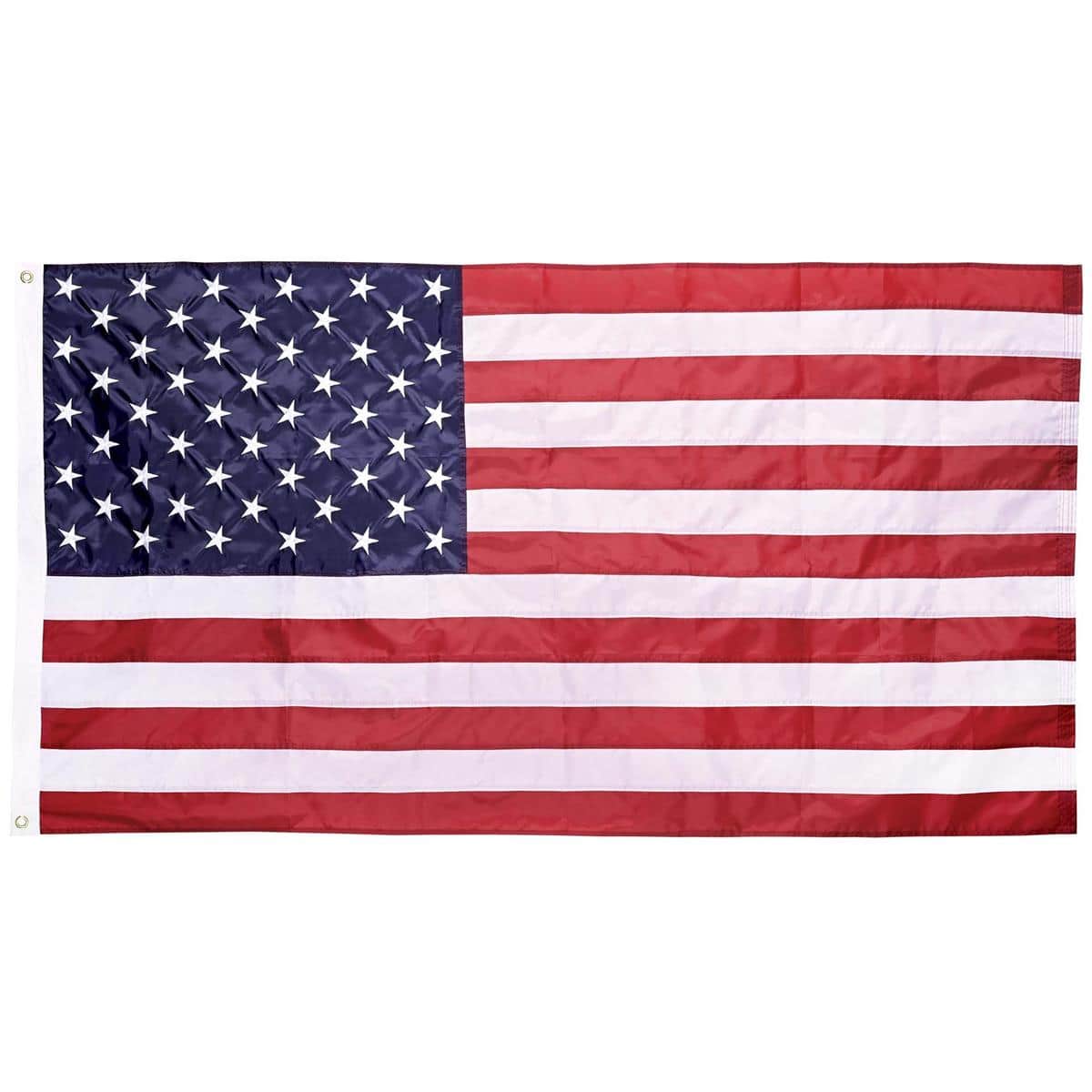 Main product image showing a Single Applique American 36x60 patriotic flag with bold stars and stripes stitched applique, hanging on a pole against a neutral background.