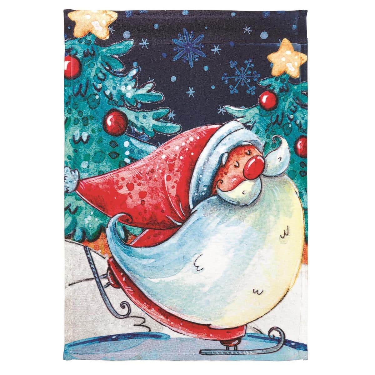 13x18 Skating Santa garden flag printed on polyester showing jolly Santa ice skating with candy cane and evergreen trees, snowflakes and festive colors for outdoor display