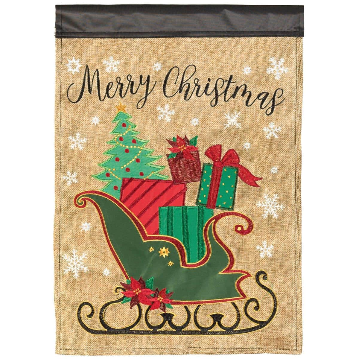13x18 Sleigh Merry Christmas double applique garden flag showing red sleigh with wrapped gifts, holly accents, snowflakes, and bold Merry Christmas lettering on a festive background.