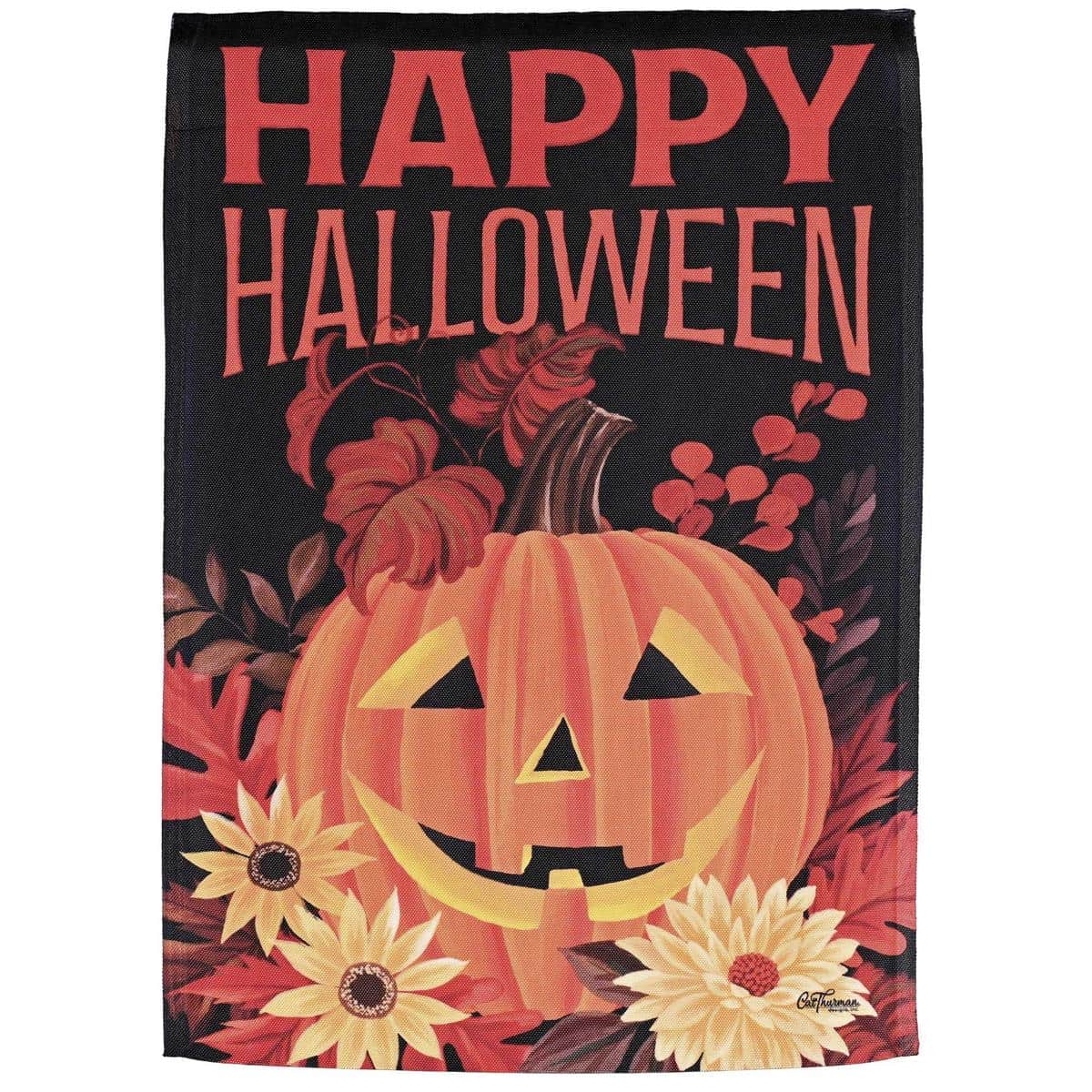 Smile Pumpkin Happy Halloween printed flag with cheerful jack-o-lantern and bold text on durable polyester, UV-conscious inks, and a top pole sleeve for standard hardware.