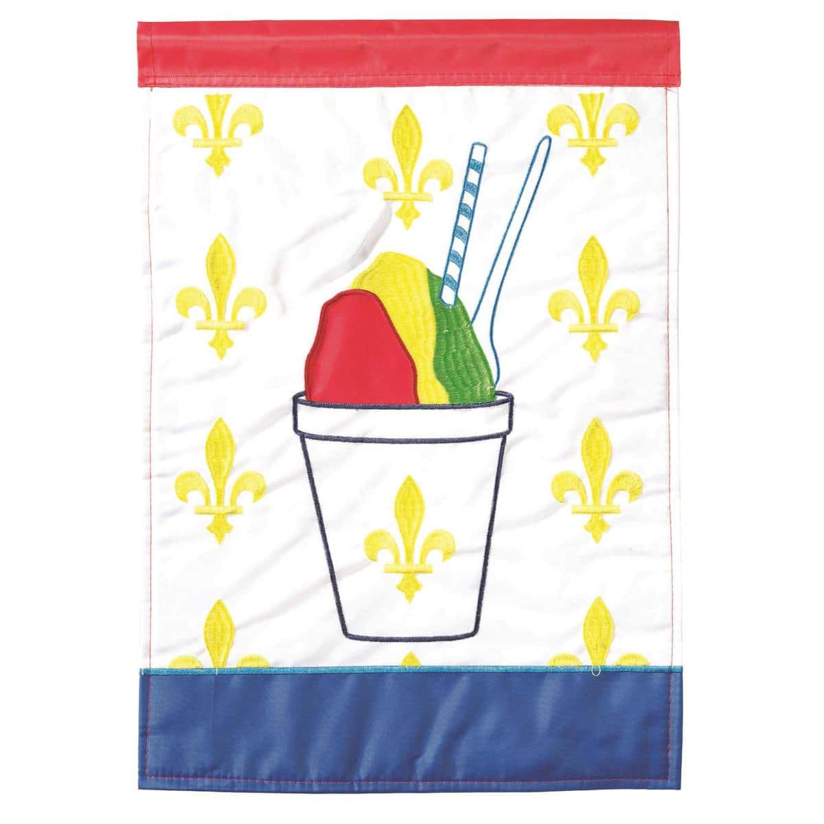 Snoball double applique winter banner flag 29x42 with raised snowball and snowflake motifs on textured fabric, reinforced edges, and pole sleeve for porch display