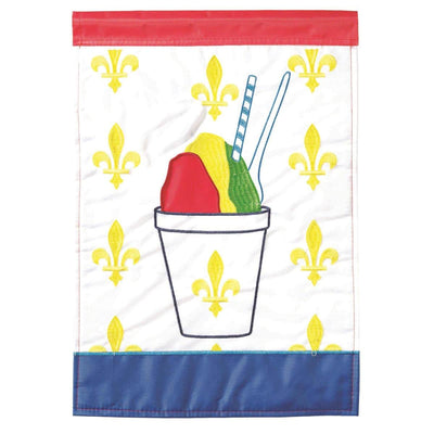 Snoball double applique winter banner flag 29x42 with raised snowball and snowflake motifs on textured fabric, reinforced edges, and pole sleeve for porch display