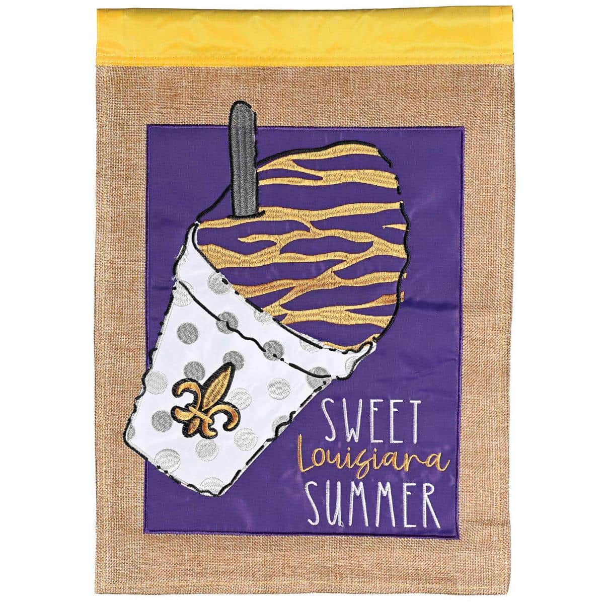 Decorative Snoball Sweet Louisiana Summer double applique flag showing colorful sno-ball cups, syrup swirls, tropical accents, and cheerful summer lettering, ideal for porch or garden pole display.