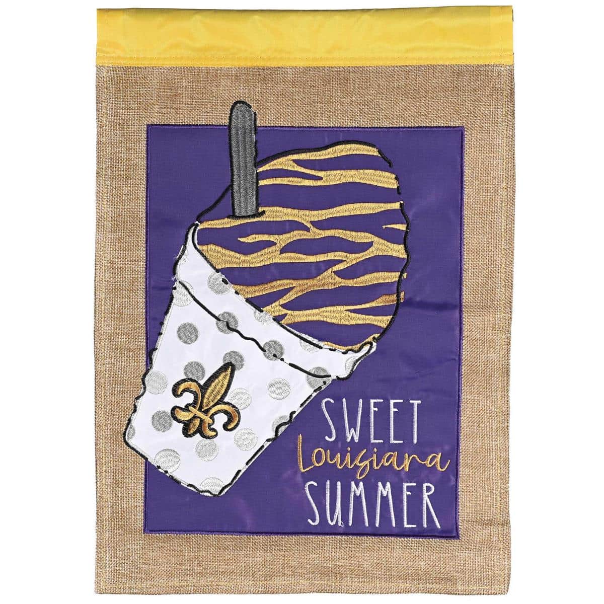 Alt text: 13x18 double applique garden flag featuring a colorful Louisiana snoball dessert with layered fabric design and bright summer colors.