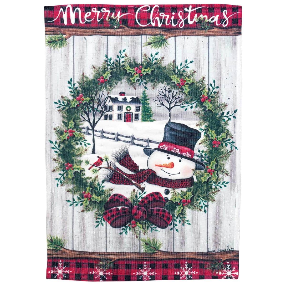 13x18 printed snowman garden flag in ChristmasWrth style showing smiling snowman with wreath, holly and scarf for festive outdoor Christmas decor on a porch or lawn.