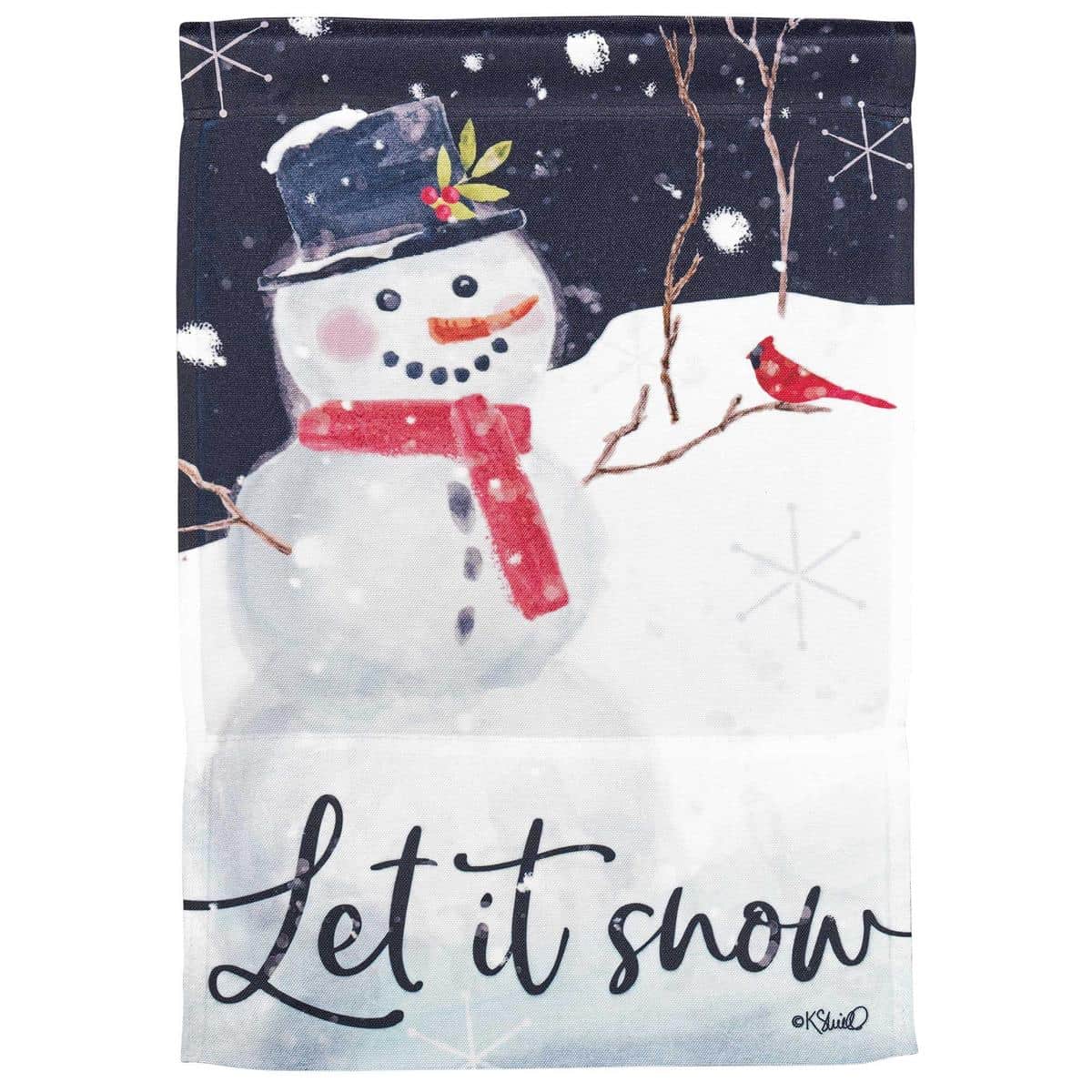 Close-up image of a 30x44 Snowman 'Let It Snow' printed banner flag hanging from a porch pole showing a smiling snowman with a top hat, red scarf, falling snowflakes, and bold 'Let It Snow' text.