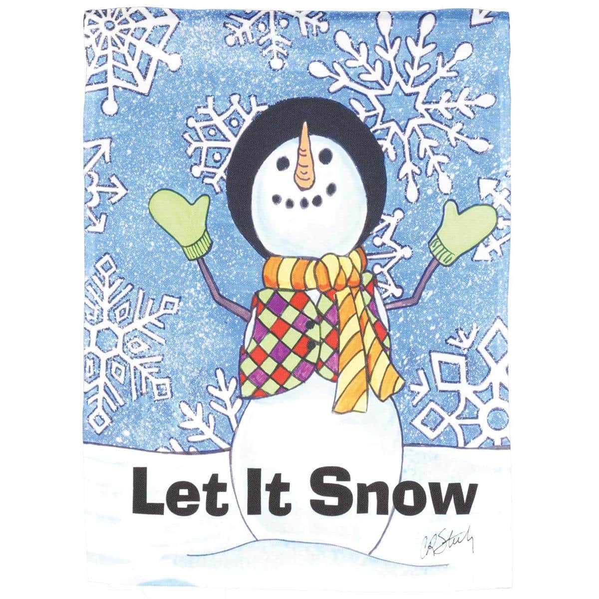 13x18 printed garden flag featuring a smiling snowman wearing a red scarf and top hat, surrounded by falling snowflakes and the phrase "Let It Snow" in bold winter typography