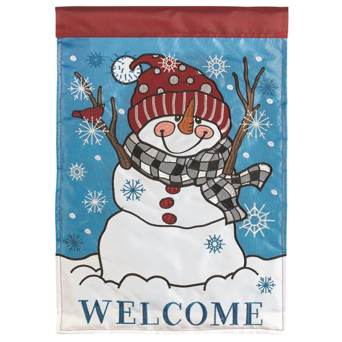 13x18 inch Snowman Welcome garden flag with double applique, Christmas snowman wearing a hat and scarf, bright colors and reinforced sleeve for outdoor pole display.