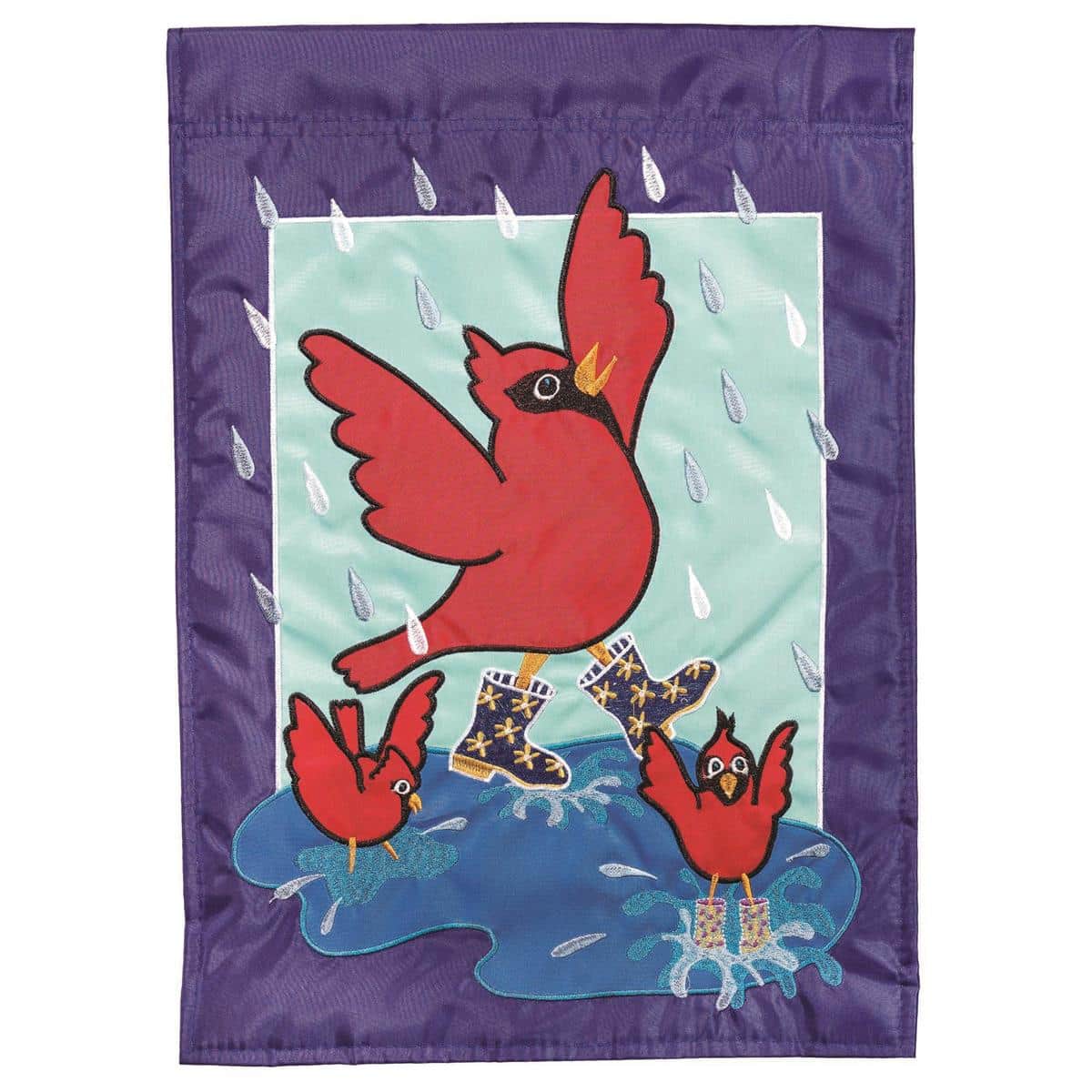 13x18 Songbirds In Rain garden flag with cardinal songbirds perched among rain garden flowers and layered double applique fabrics, shown hanging on a small garden flag stand.