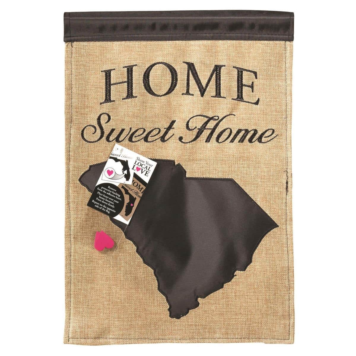 Alt text: 13x18 South Carolina garden flag double applique with raised palmetto tree and crescent in navy and white mounted on a small yard flag stand by a brick walkway.