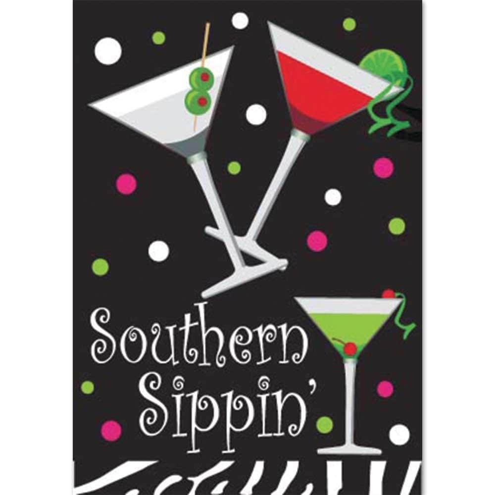 Double applique flag with mason jar sweet tea, lemon slice, and Southern Sippin' script, dual-sided design hanging on a porch near potted flowers.