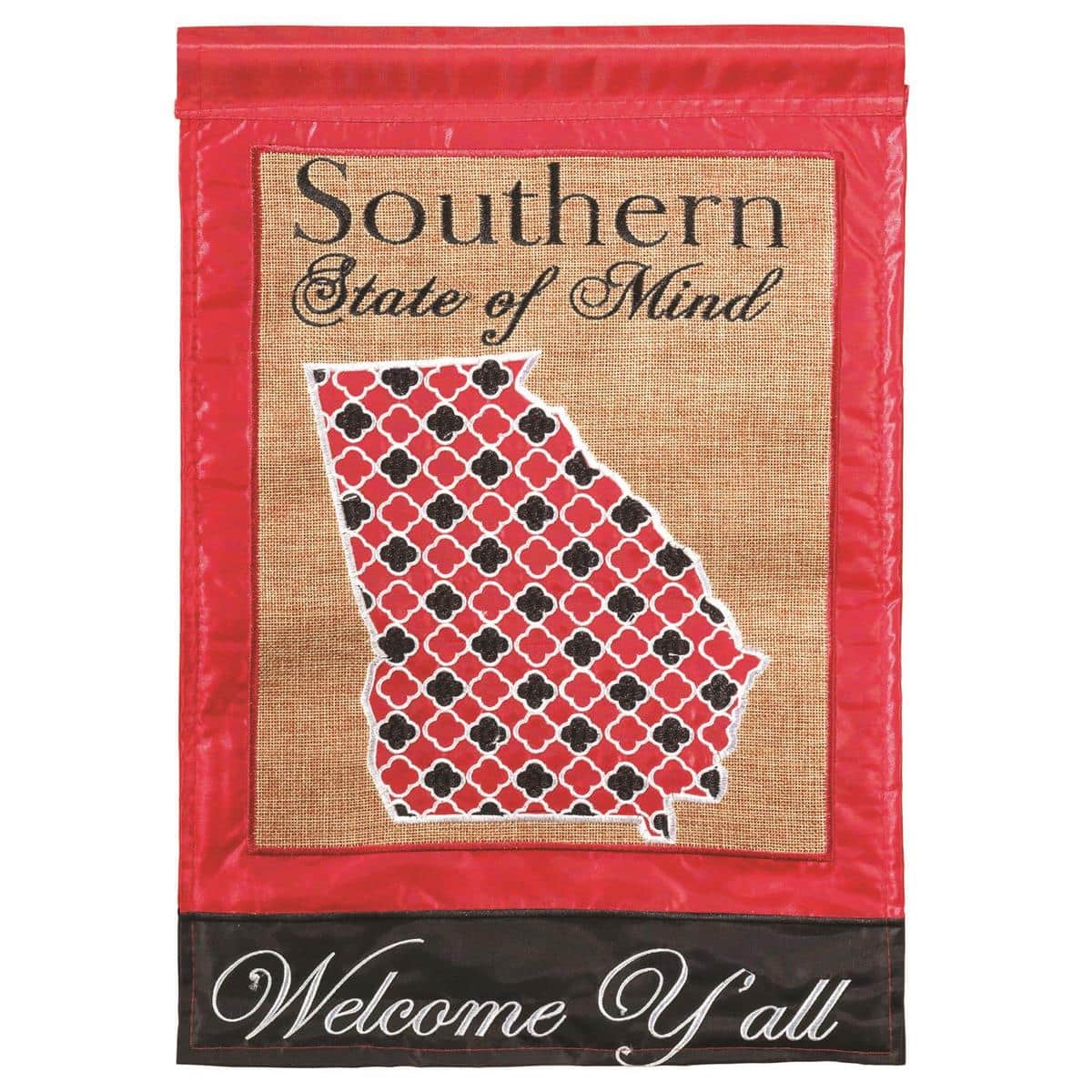 Southern State Georgia 29x42 banner flag with double applique state outline and peach motif, thick polyester, UV-safe dyes, pole sleeve for 1 inch house poles