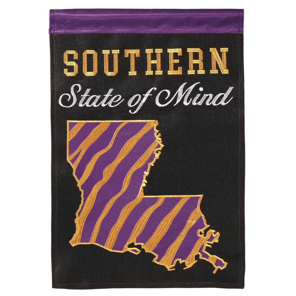 13x18 LA-Everyday Southern State Of Mind burlap garden flag with double applique lettering, two sided design, rustic tan weave, displayed on a standard stand.